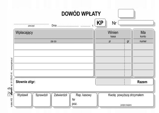 PAPIRUS II DRUK KASA PRZYJMIE dowód wpłaty KP 100 kartek wielokopia A6