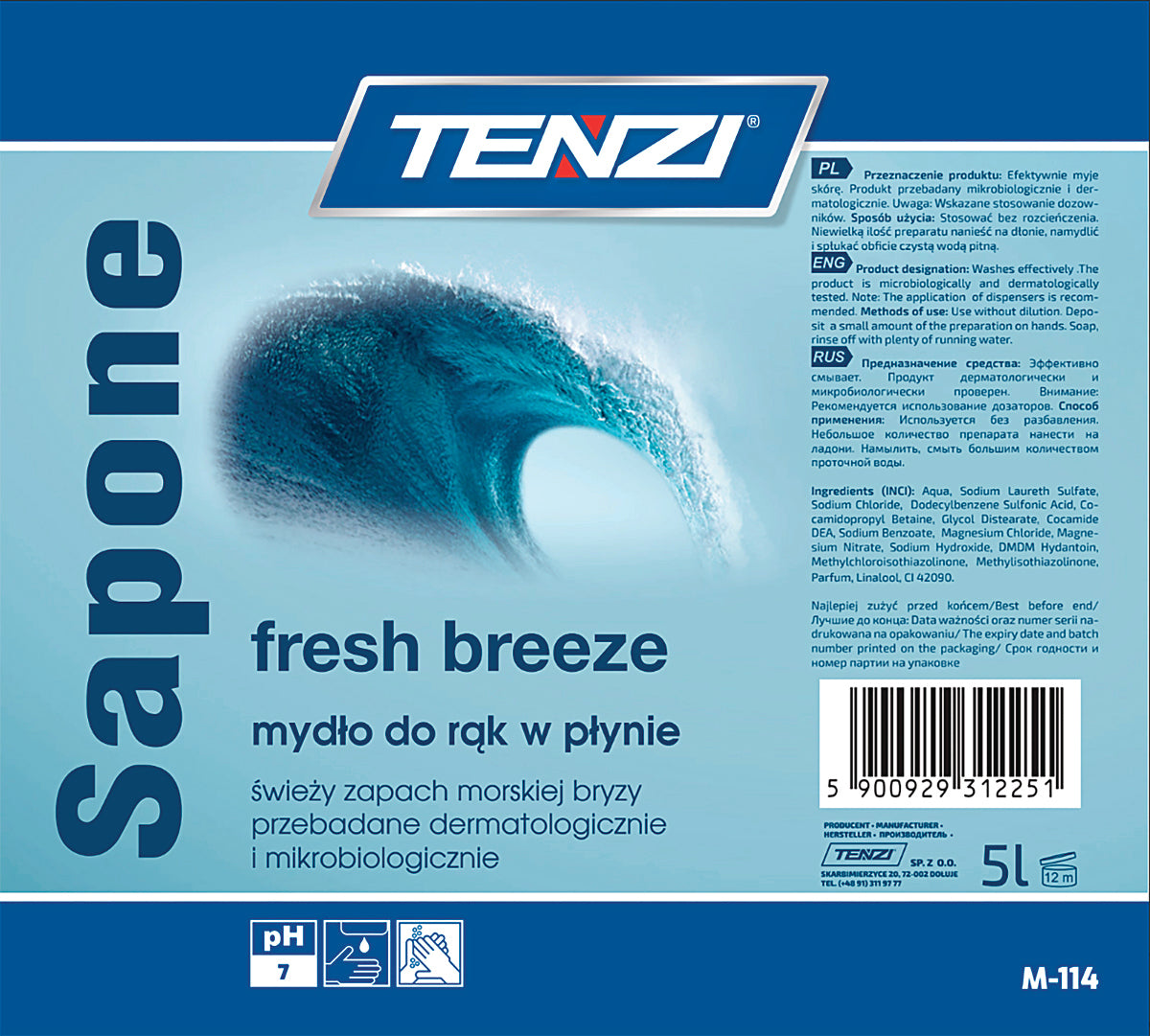 Delikatne mydło w płynie TENZI, zapach morska bryza, Sapone Fresh Breeze, 5l