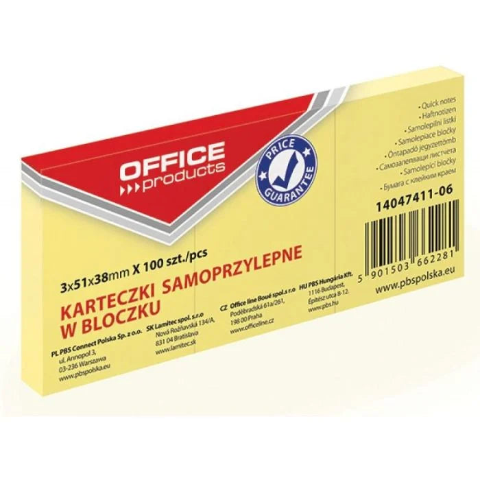 Bloczek samoprzylepny OFFICE PRODUCTS 38x51 mm 3x100 kartek żółty