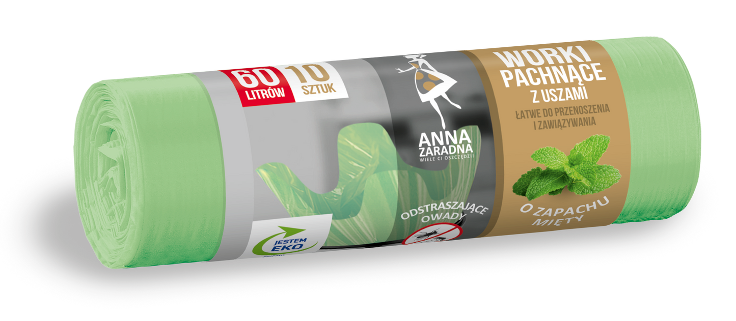 Worki na śmieci z uszami - zapach MIĘTOWY 60L 10szt