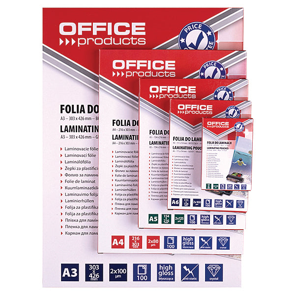 Folia do laminowania OFFICE PRODUCTS, A4, 2x80mikr., błyszcząca, 100szt., transparentna