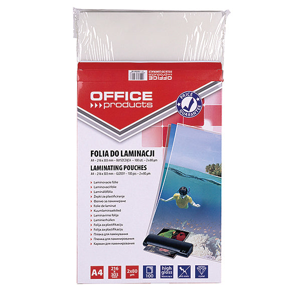 Folia do laminowania OFFICE PRODUCTS, A4, 2x80mikr., błyszcząca, 100szt., transparentna