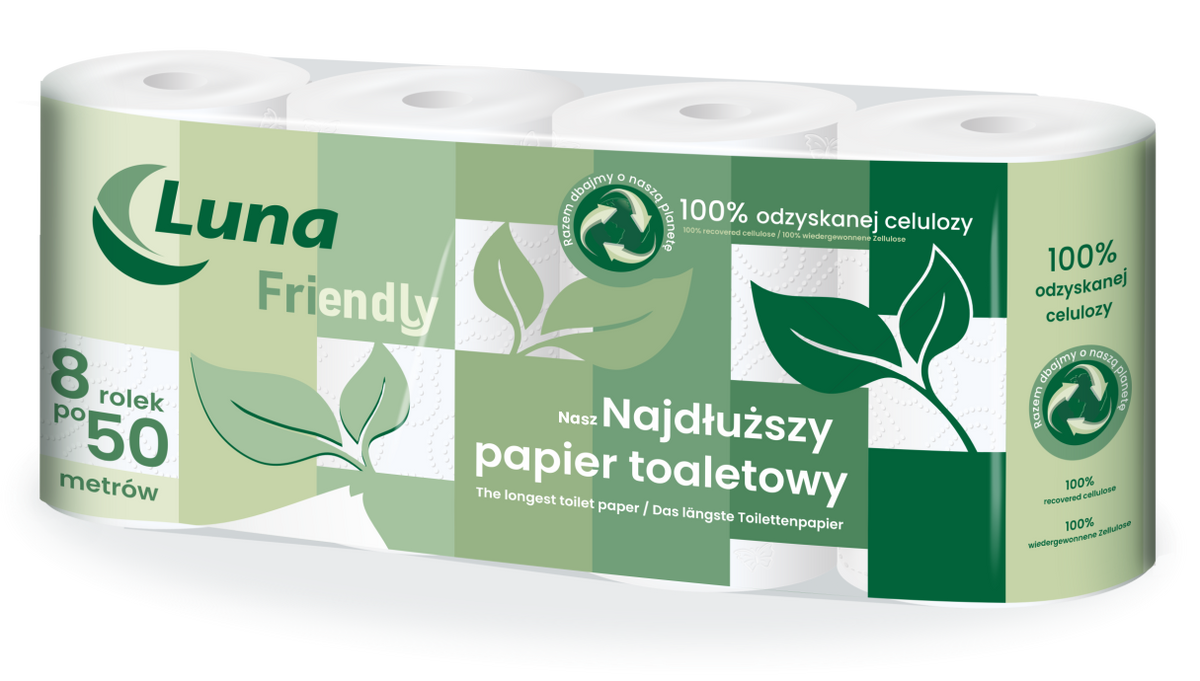Papier toaletowy a'8x7 Luna Friendly celuloza recyklingowana 2 warstwy