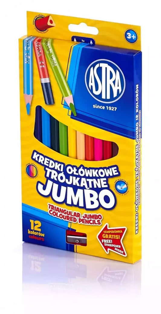 Kredki ołówkowe trójkątne Jumbo, 12 kolorów + temperówka