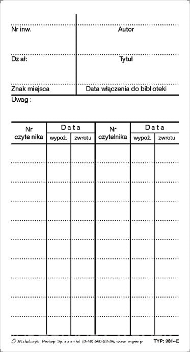 KARTA KSIĄŻKI 1KPL=50SZT.