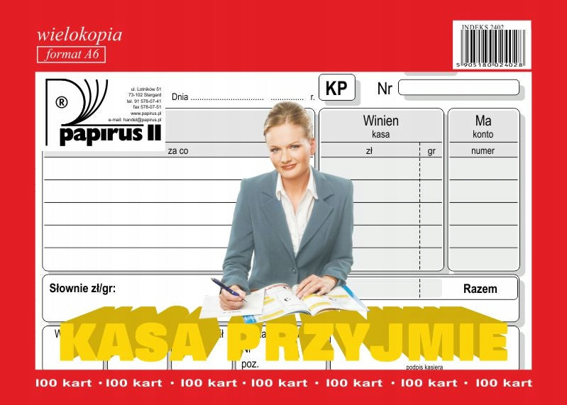PAPIRUS II DRUK KASA PRZYJMIE dowód wpłaty KP 100 kartek wielokopia A6