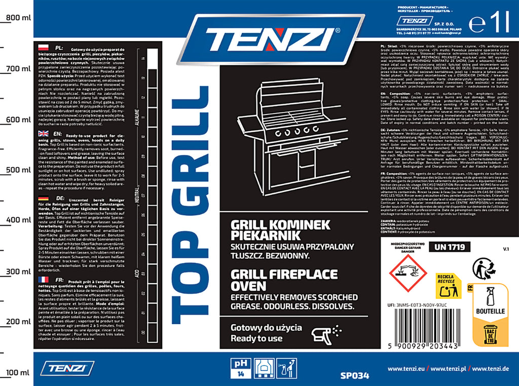 Płyn do czyszczenia przypaleń z grilli, piecyków i rusztów TENZI, Top Grill, 1l