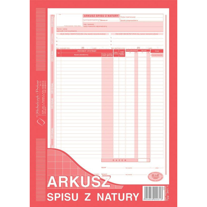 Druk arkusz spisu z natury 341-1 A4 pionowy